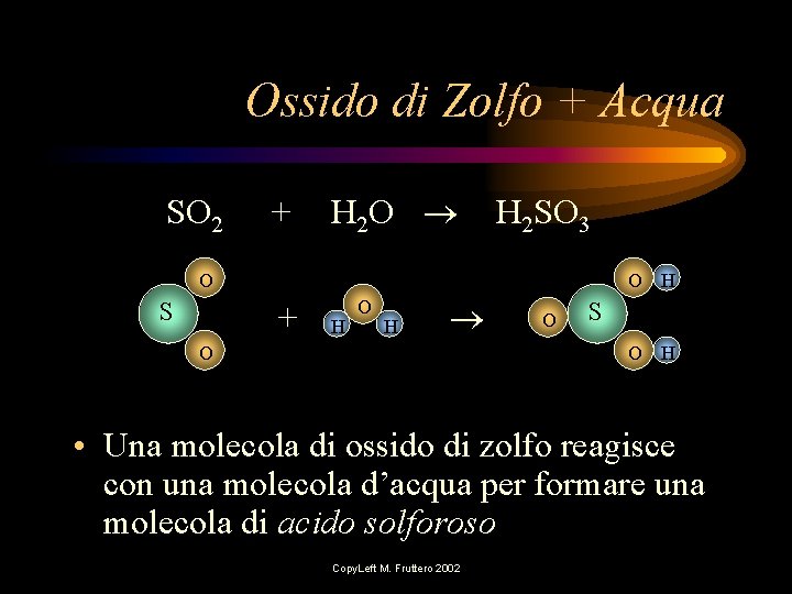 Ossido di Zolfo + Acqua SO 2 + H 2 O H 2 SO