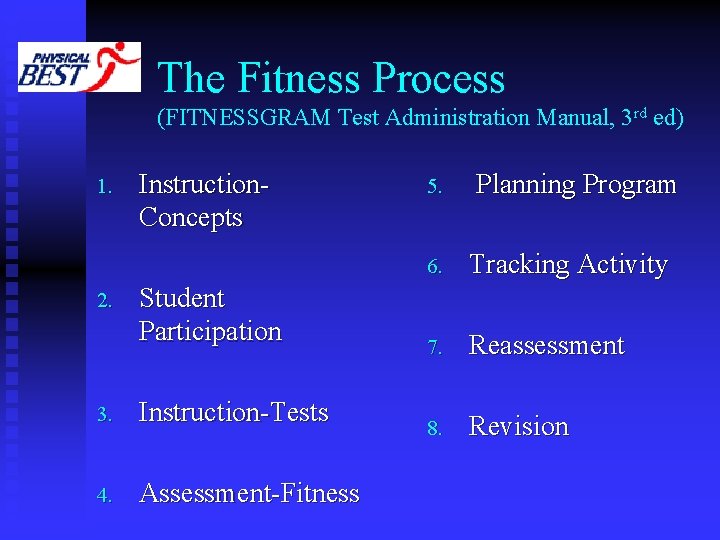 The Fitness Process (FITNESSGRAM Test Administration Manual, 3 rd ed) 1. 2. Instruction. Concepts