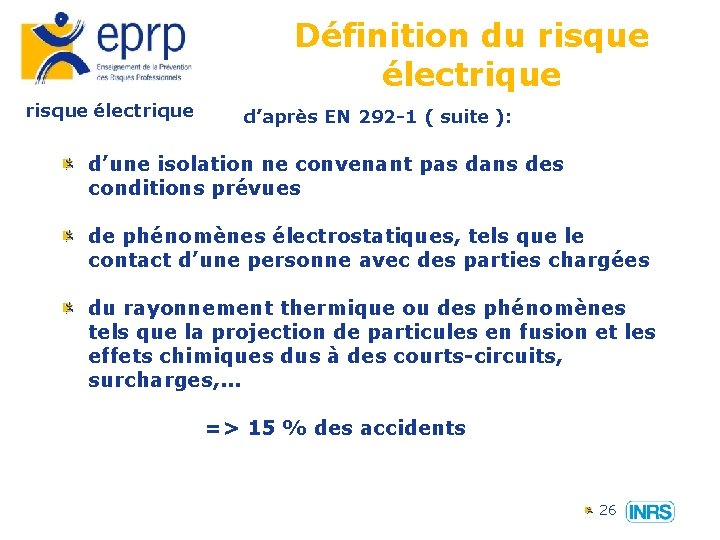 Définition du risque électrique d’après EN 292 -1 ( suite ): d’une isolation ne