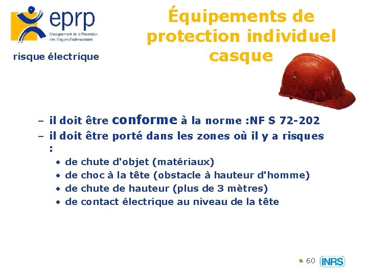 risque électrique Équipements de protection individuel casque – il doit être conforme à la