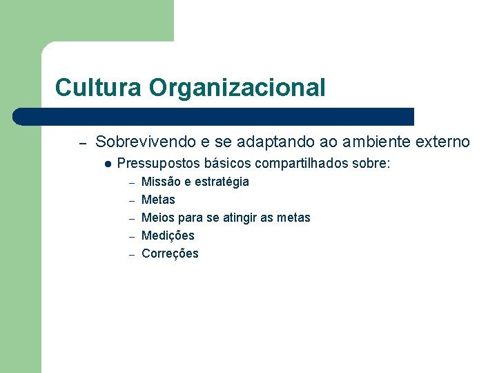 Cultura Organizacional – Sobrevivendo e se adaptando ao ambiente externo l Pressupostos básicos compartilhados