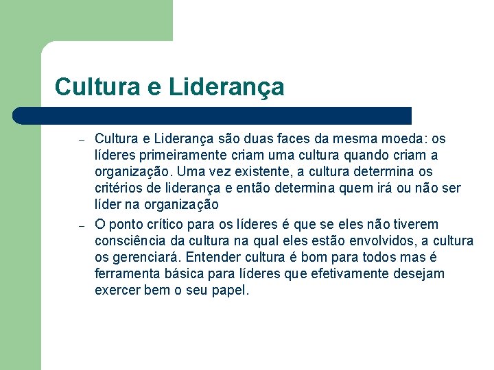 Cultura e Liderança – – Cultura e Liderança são duas faces da mesma moeda: