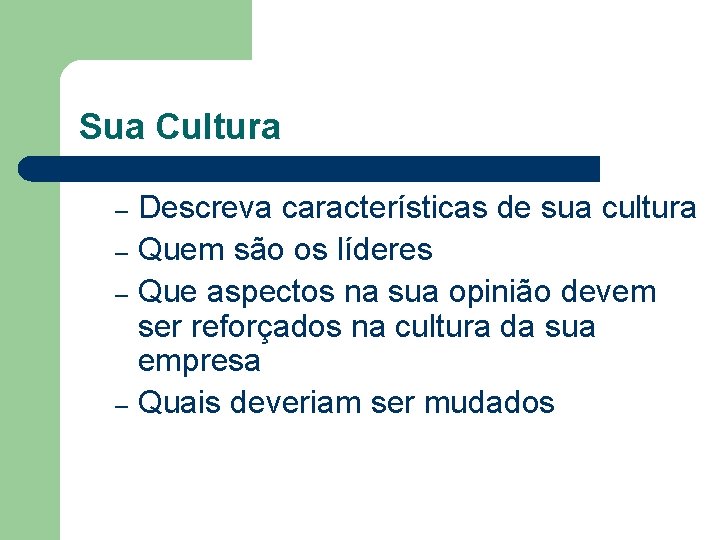 Sua Cultura Descreva características de sua cultura – Quem são os líderes – Que