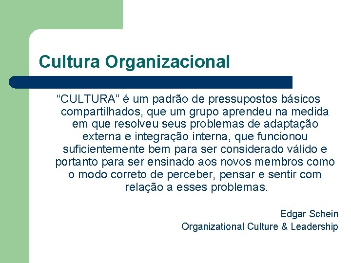 Cultura Organizacional “CULTURA” é um padrão de pressupostos básicos compartilhados, que um grupo aprendeu