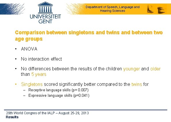 Department of Speech, Language and Hearing Sciences Comparison between singletons and twins and between