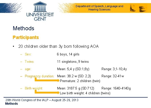 Department of Speech, Language and Hearing Sciences Methods Participants • 20 children older than