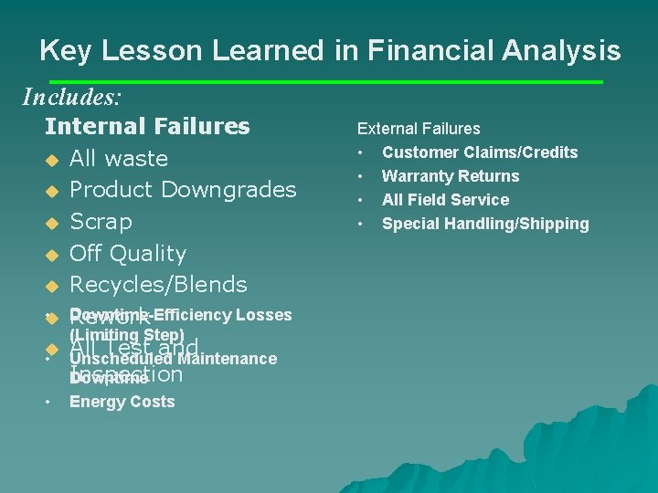 Key Lesson Learned in Financial Analysis Includes: Internal Failures u All waste u Product