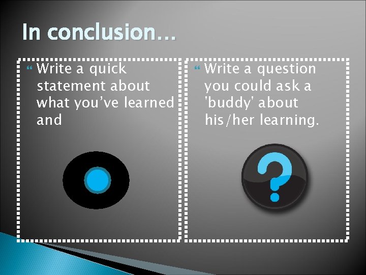 In conclusion… Write a quick statement about what you’ve learned and Write a question