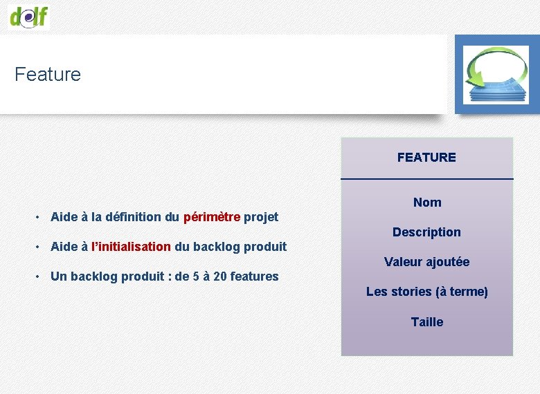 Feature FEATURE _____________ Nom • Aide à la définition du périmètre projet Description •