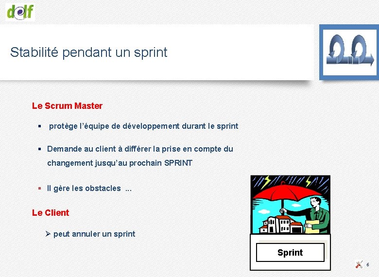 Stabilité pendant un sprint Le Scrum Master § protège l’équipe de développement durant le