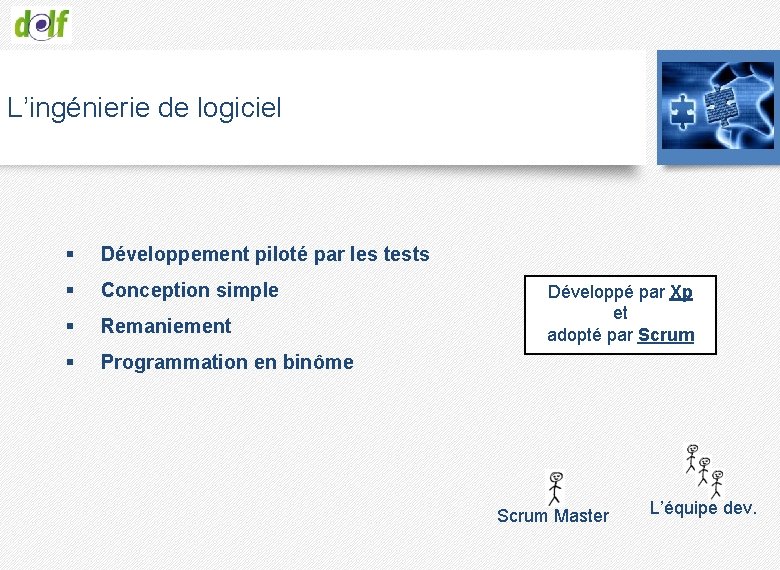 L’ingénierie de logiciel § Développement piloté par les tests § Conception simple § Remaniement