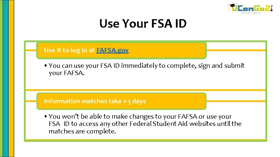 Use Your FSA ID Use It to log in at FAFSA. gov • You