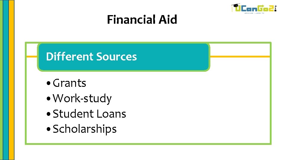 Financial Aid Different Sources • Grants • Work-study • Student Loans • Scholarships 