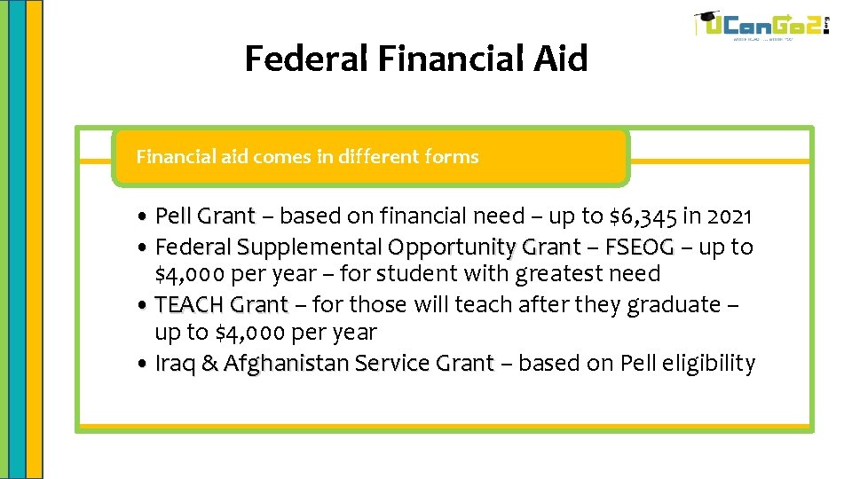 Federal Financial Aid Financial aid comes in different forms • Pell Grant – based