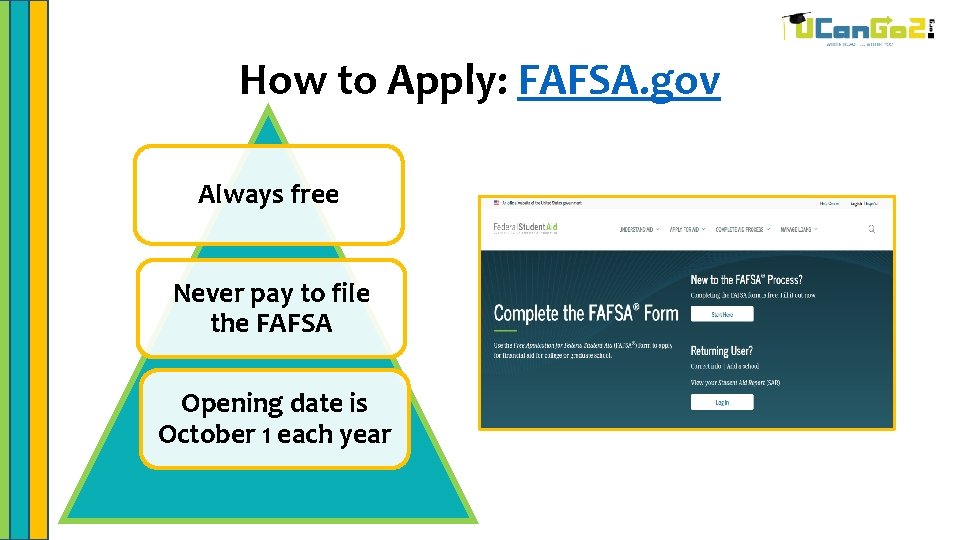 How to Apply: FAFSA. gov Always free Never pay to file the FAFSA Opening