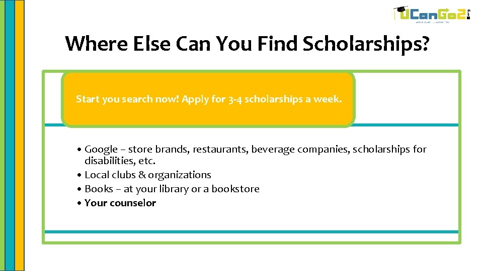 Where Else Can You Find Scholarships? Start you search now! Apply for 3 -4