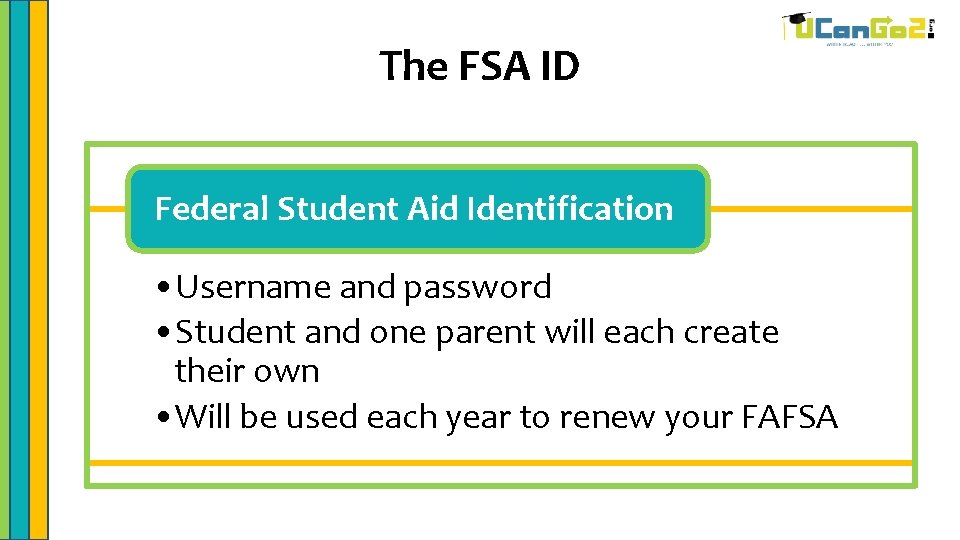 The FSA ID Federal Student Aid Identification • Username and password • Student and