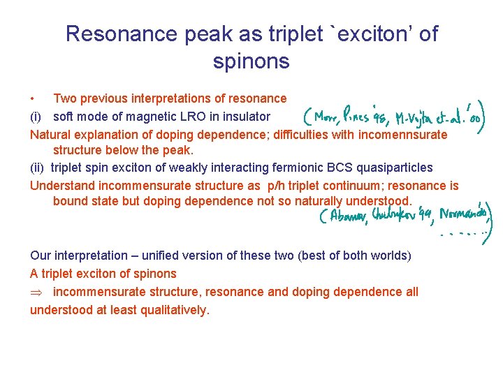 Resonance peak as triplet `exciton’ of spinons • Two previous interpretations of resonance (i)