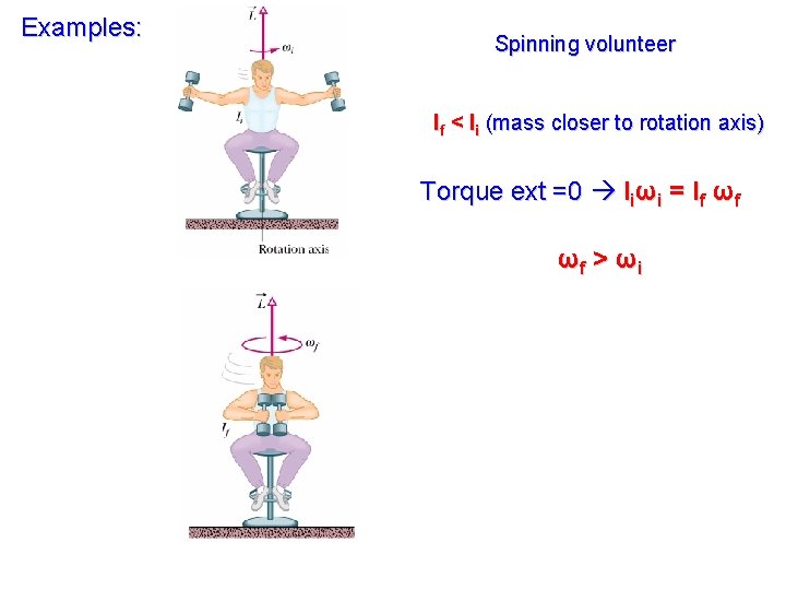 Examples: Spinning volunteer If < Ii (mass closer to rotation axis) Torque ext =0