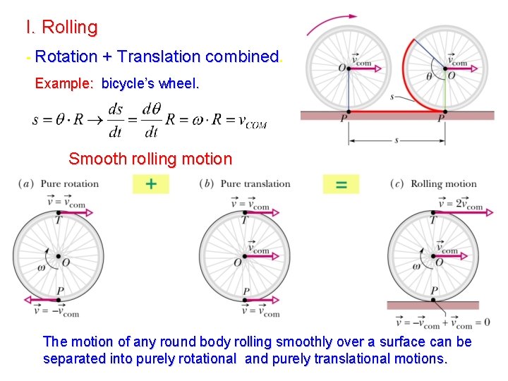 I. Rolling - Rotation + Translation combined. Example: bicycle’s wheel. Smooth rolling motion The