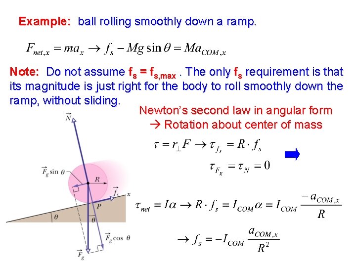 Example: ball rolling smoothly down a ramp. Note: Do not assume fs = fs,