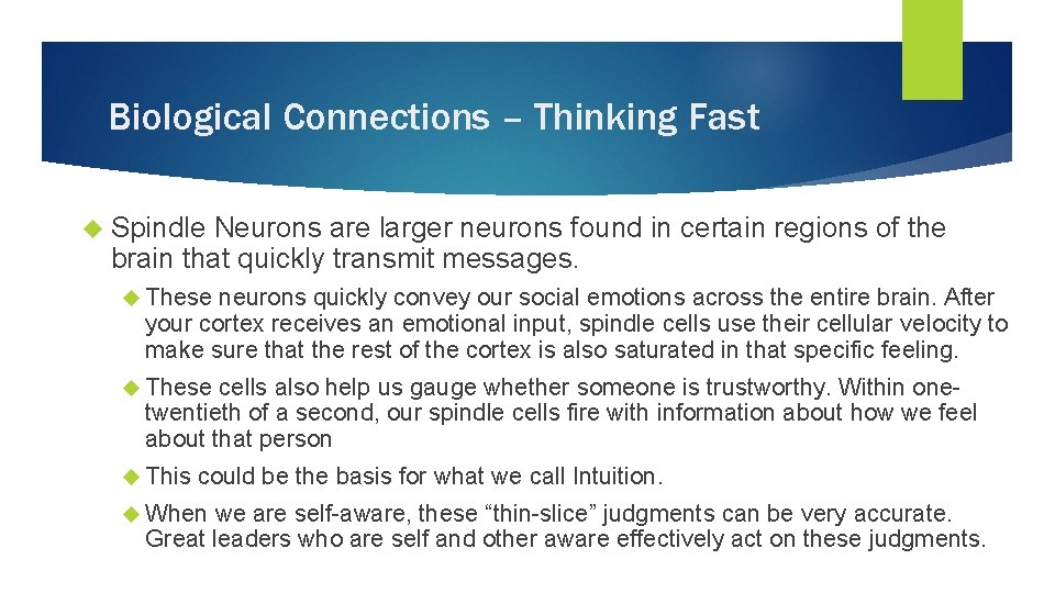 Biological Connections – Thinking Fast Spindle Neurons are larger neurons found in certain regions