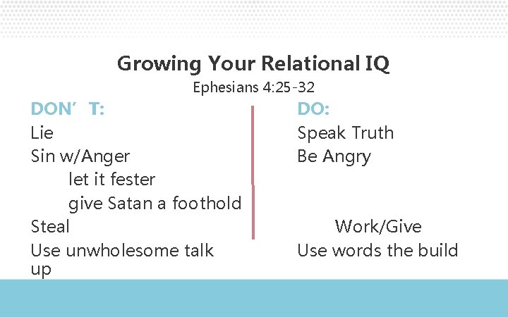 Growing Your Relational IQ Ephesians 4: 25 -32 DON’T: Lie Sin w/Anger let it