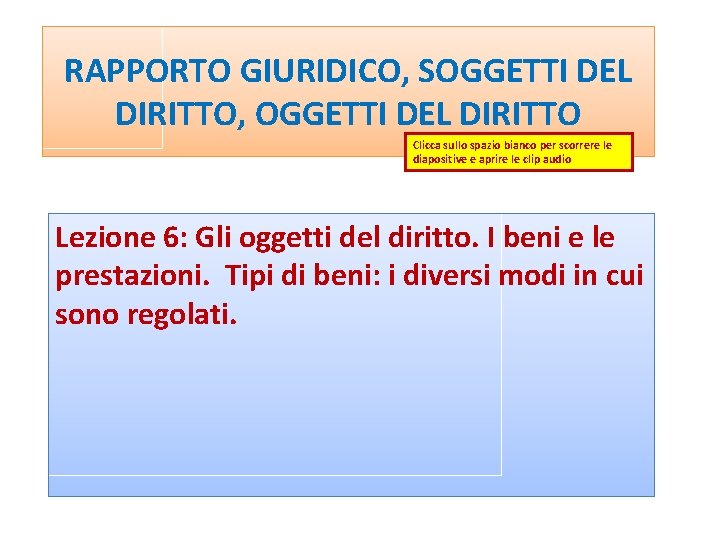 RAPPORTO GIURIDICO, SOGGETTI DEL DIRITTO, OGGETTI DEL DIRITTO Clicca sullo spazio bianco per scorrere