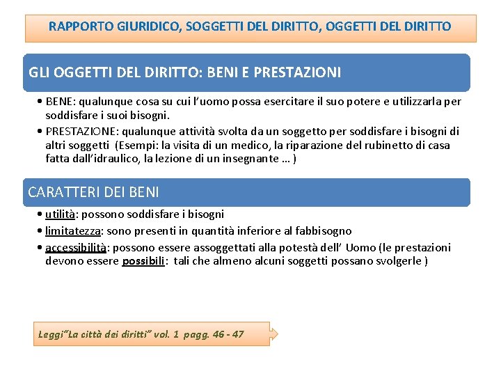 RAPPORTO GIURIDICO, SOGGETTI DEL DIRITTO, OGGETTI DEL DIRITTO GLI OGGETTI DEL DIRITTO: BENI E