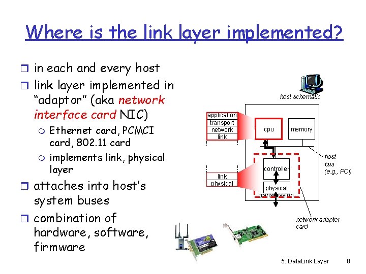 Where is the link layer implemented? r in each and every host r link