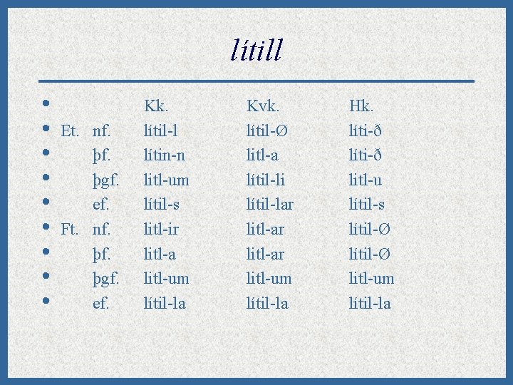 lítill • • • Et. nf. þgf. ef. Ft. nf. þgf. ef. Kk. lítil-l