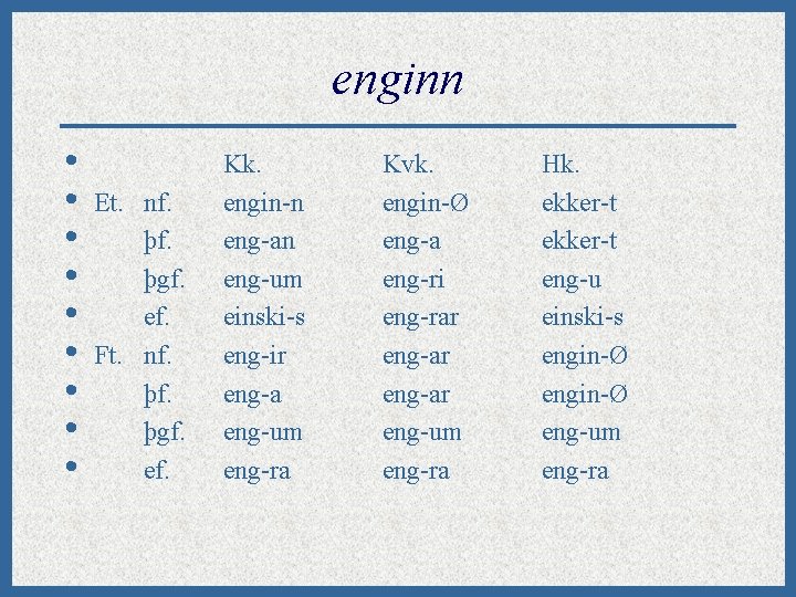 enginn • • • Et. nf. þgf. ef. Ft. nf. þgf. ef. Kk. engin-n