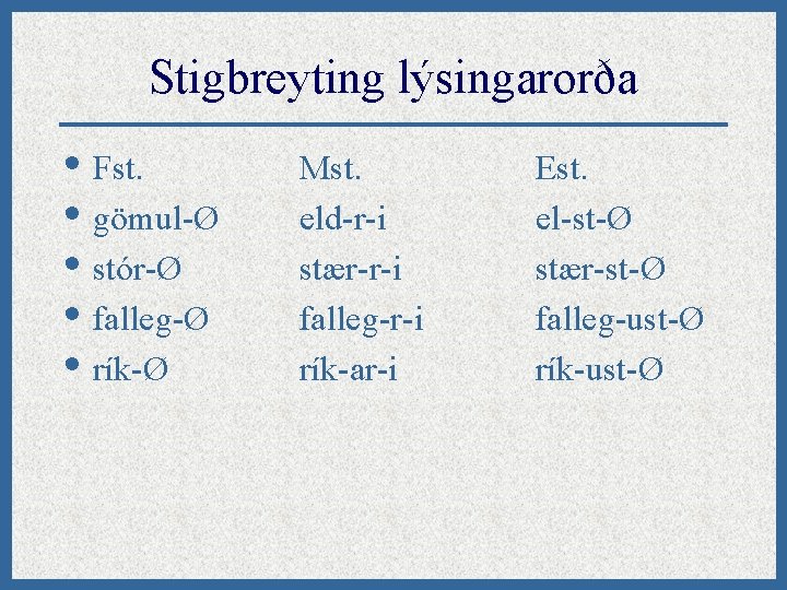 Stigbreyting lýsingarorða • Fst. • gömul-Ø • stór-Ø • falleg-Ø • rík-Ø Mst. eld-r-i