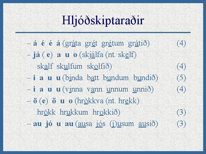 Hljóðskiptaraðir – á é é á (gráta grétum grátið) – já ( e) a