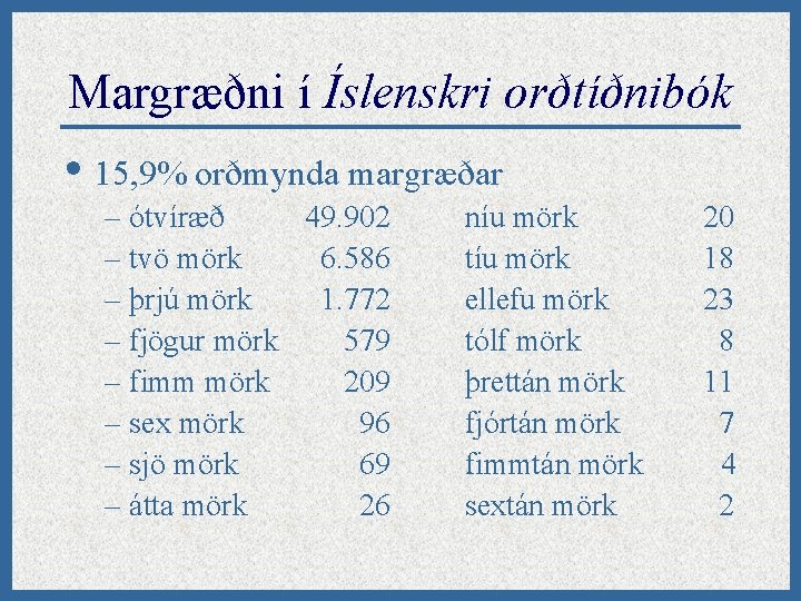 Margræðni í Íslenskri orðtíðnibók • 15, 9% orðmynda margræðar – ótvíræð 49. 902 –