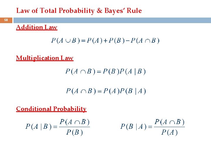 Law of Total Probability & Bayes’ Rule 58 Addition Law Multiplication Law Conditional Probability