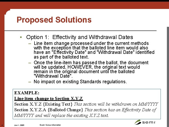 Proposed Solutions • Option 1: Effectivity and Withdrawal Dates – Line item change processed