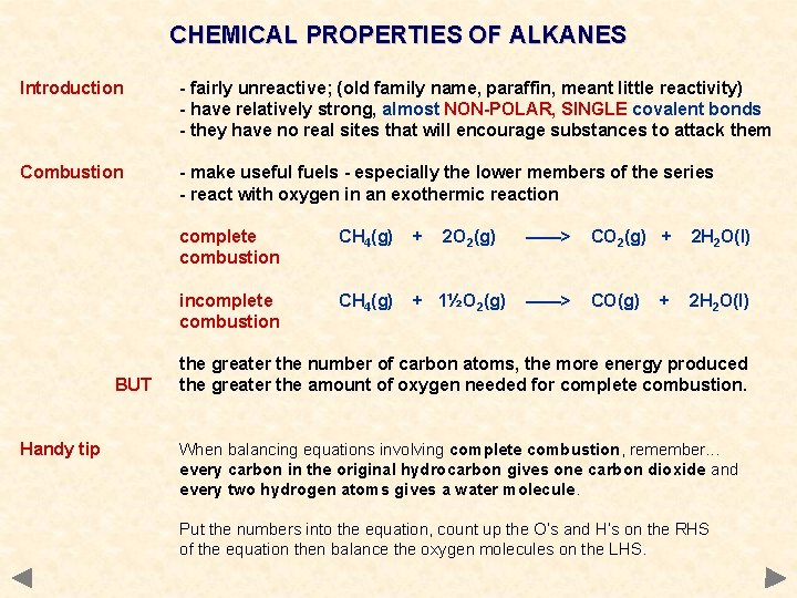 CHEMICAL PROPERTIES OF ALKANES Introduction - fairly unreactive; (old family name, paraffin, meant little