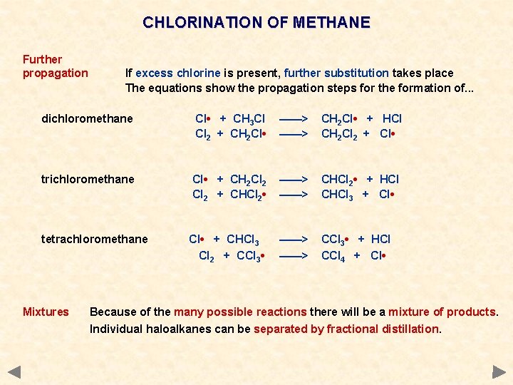 CHLORINATION OF METHANE Further propagation If excess chlorine is present, further substitution takes place