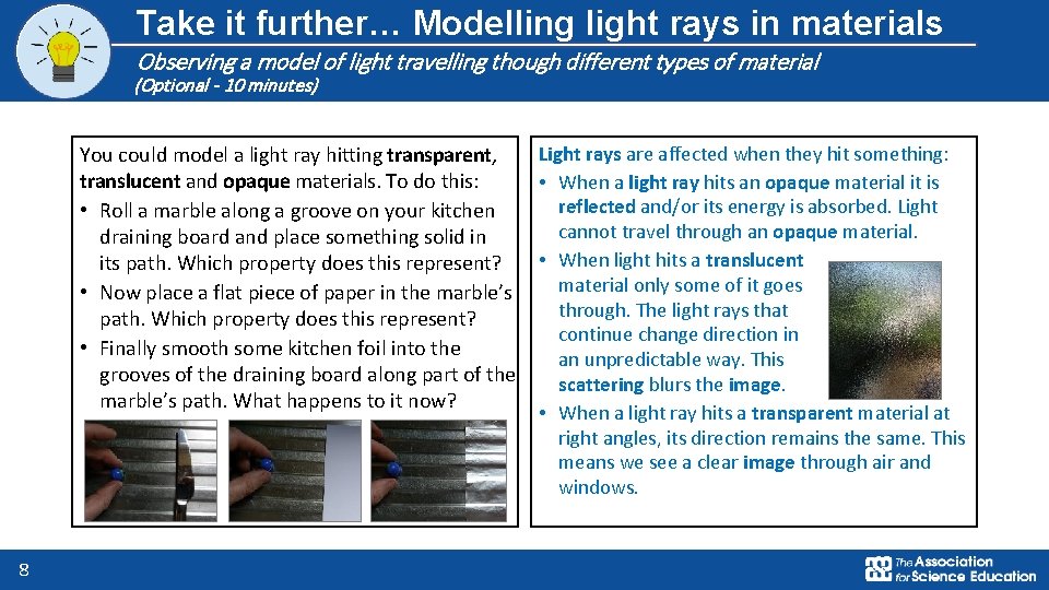 Take it further… Modelling light rays in materials Observing a model of light travelling