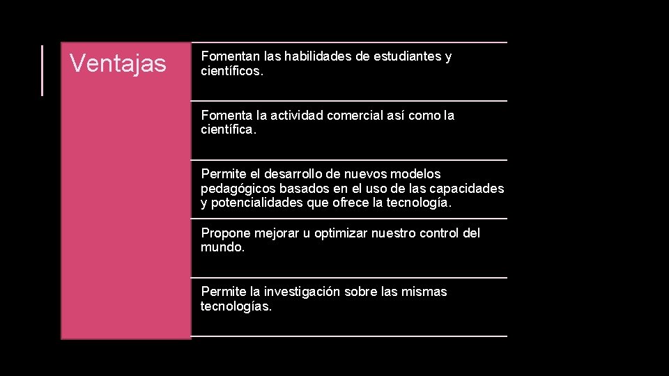 Ventajas Fomentan las habilidades de estudiantes y científicos. Fomenta la actividad comercial así como