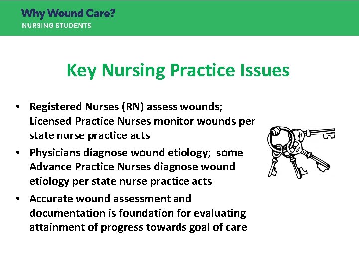 Key Nursing Practice Issues • Registered Nurses (RN) assess wounds; Licensed Practice Nurses monitor Key Nursing Practice Issues • Registered Nurses (RN) assess wounds; Licensed Practice Nurses monitor