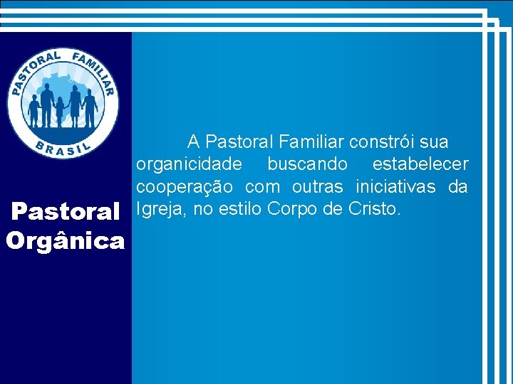 Pastoral Orgânica A Pastoral Familiar constrói sua organicidade buscando estabelecer cooperação com outras iniciativas