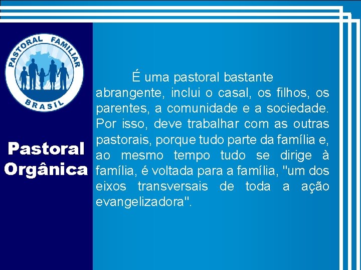 Pastoral Orgânica É uma pastoral bastante abrangente, inclui o casal, os filhos, os parentes,