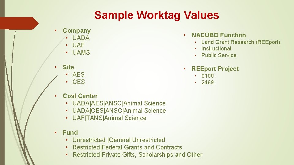 Sample Worktag Values • Company • UADA • UAF • UAMS • Site •