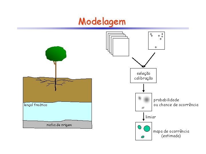 Modelagem seleção calibração lençol freático probabilidade ou chance de ocorrência limiar rocha de origem