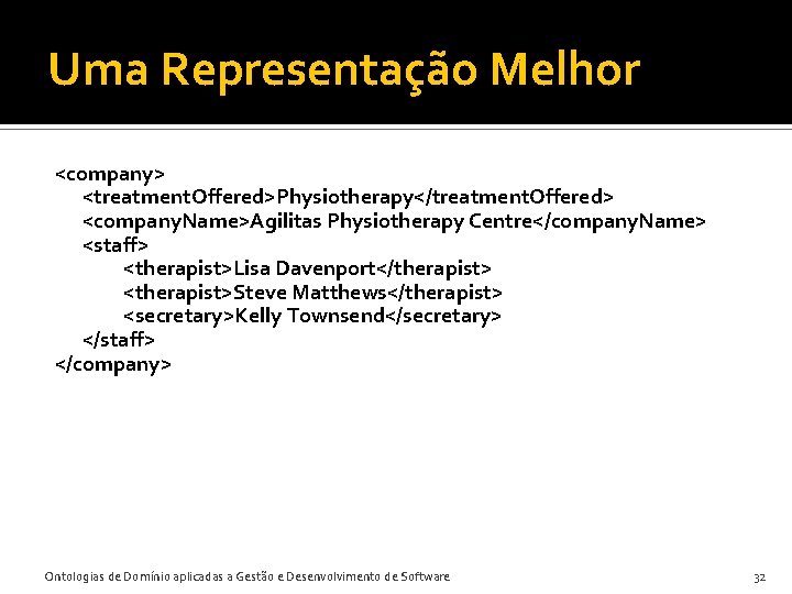 Uma Representação Melhor <company> <treatment. Offered>Physiotherapy</treatment. Offered> <company. Name>Agilitas Physiotherapy Centre</company. Name> <staff> <therapist>Lisa