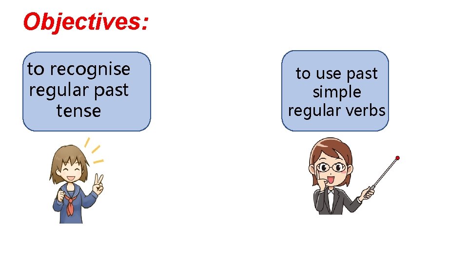 Objectives: to recognise regular past tense to use past simple regular verbs Objectives: to recognise regular past tense to use past simple regular verbs