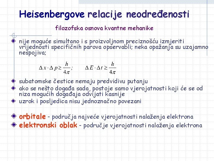 Heisenbergove relacije neodređenosti filozofska osnova kvantne mehanike nije moguće simultano i s proizvoljnom preciznošću Heisenbergove relacije neodređenosti filozofska osnova kvantne mehanike nije moguće simultano i s proizvoljnom preciznošću