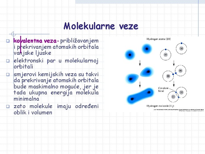 Molekularne veze q q kovalentna veza - približavanjem veza i prekrivanjem atomskih orbitala vanjske Molekularne veze q q kovalentna veza - približavanjem veza i prekrivanjem atomskih orbitala vanjske